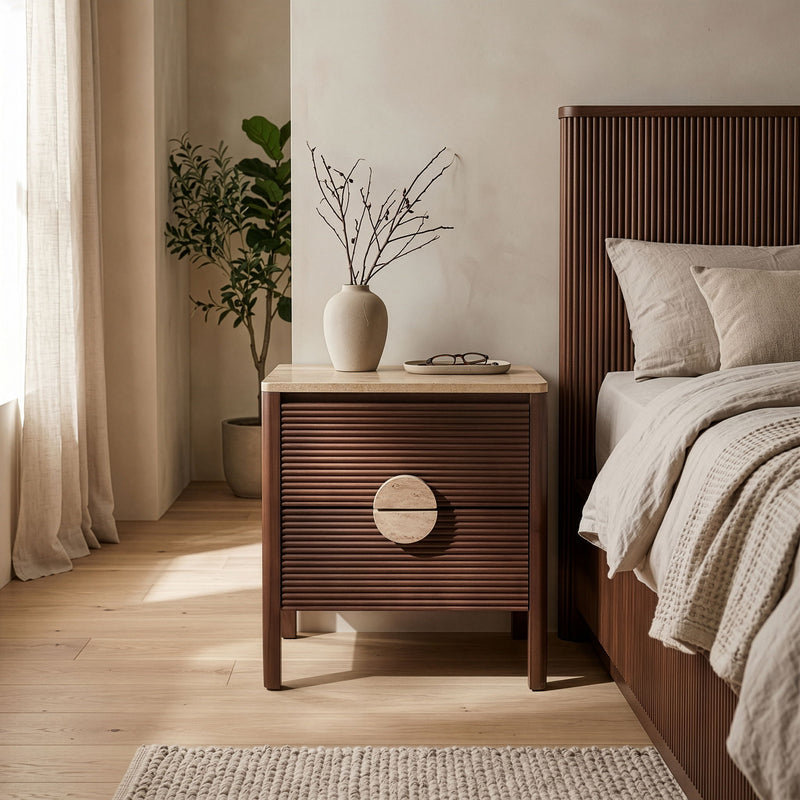 Dark brown acacia wood nightstand with speckled stone top and round drawer pull