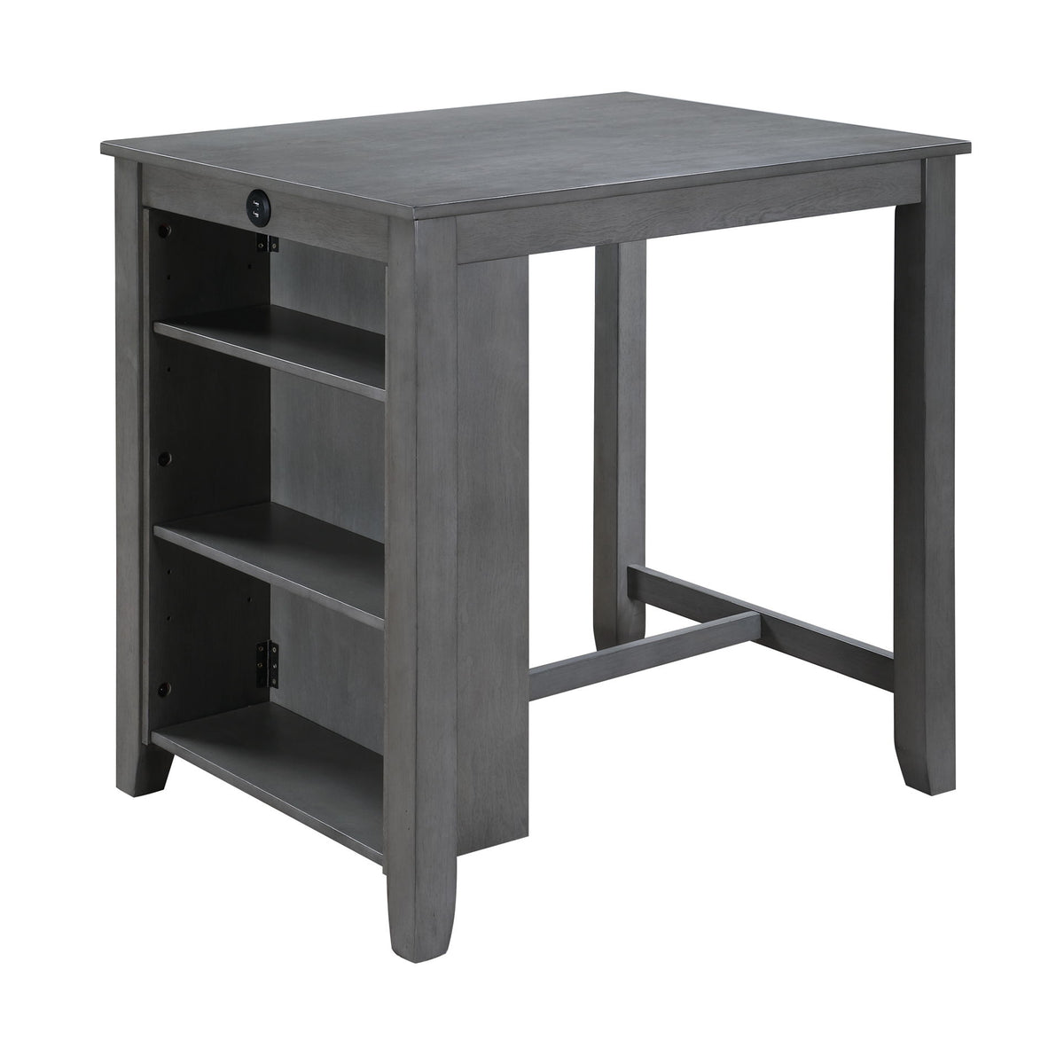Gray counter-height dining table with open shelves and square legs