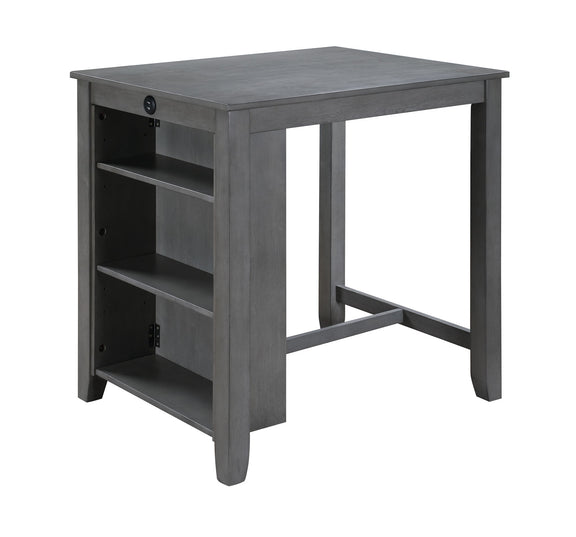 Gray counter-height dining table with open shelves and square legs