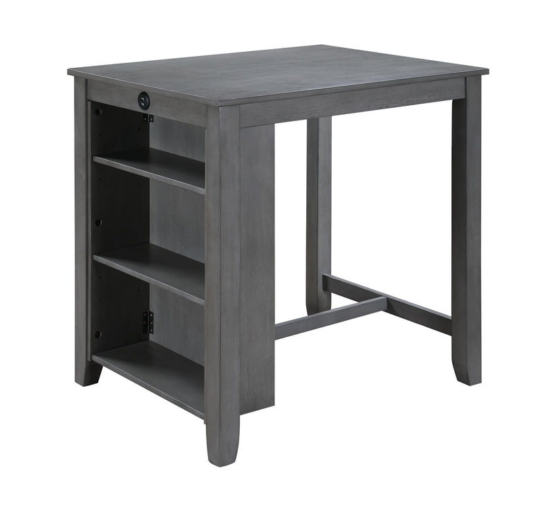 Gray counter-height dining table with open shelves and square legs