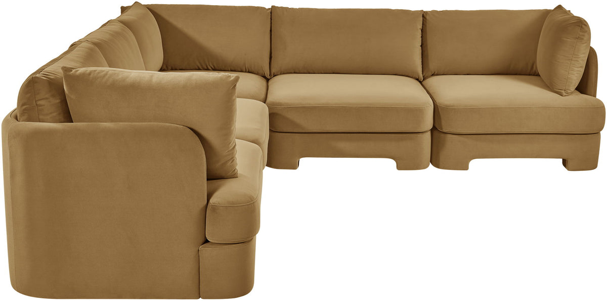 Tan velvet corner sectional sofa with chaise and boxy seat cushions