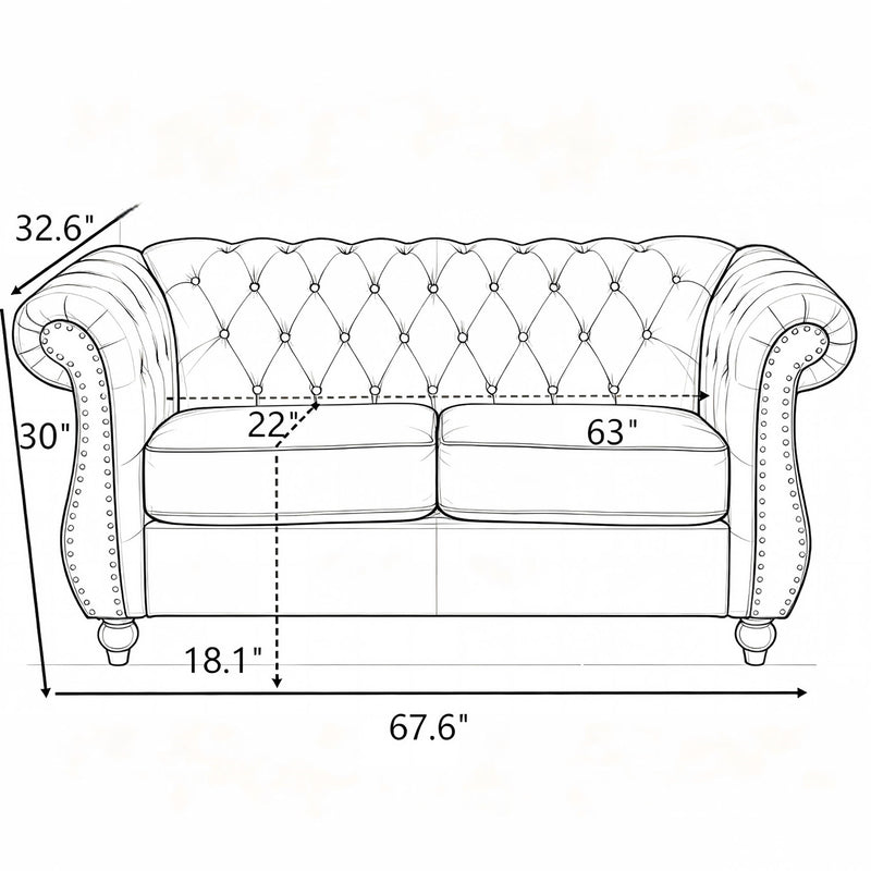 Beige tufted button loveseat outline with rolled arms and nailhead trim, dimension diagram.