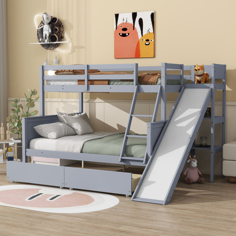 Twin over Full Bunk Bed with 2 Drawers, Slide, Shelves, Ladder, Rubber Wood Bunk Bed with Slide, Drawers, Grey