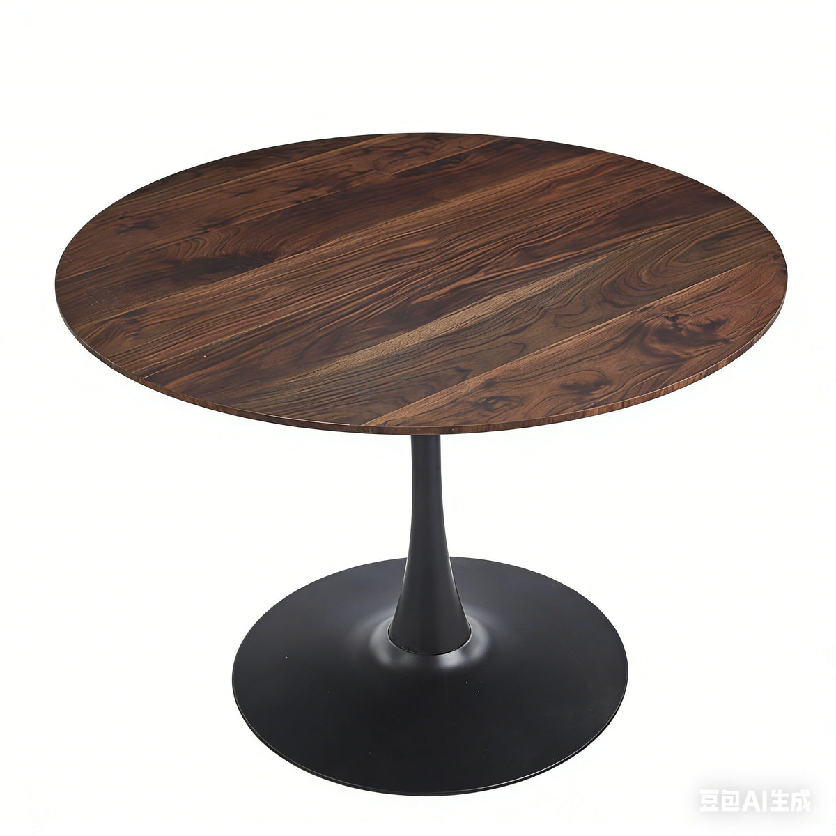 Round dining table with dark walnut-style top and matte black tulip base