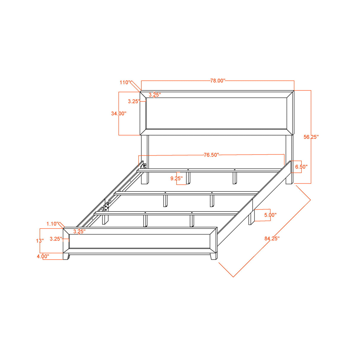 5-piece set bed dimension diagram with labeled measurements and open frame base