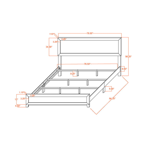 5-piece set bed dimension diagram with labeled measurements and open frame base