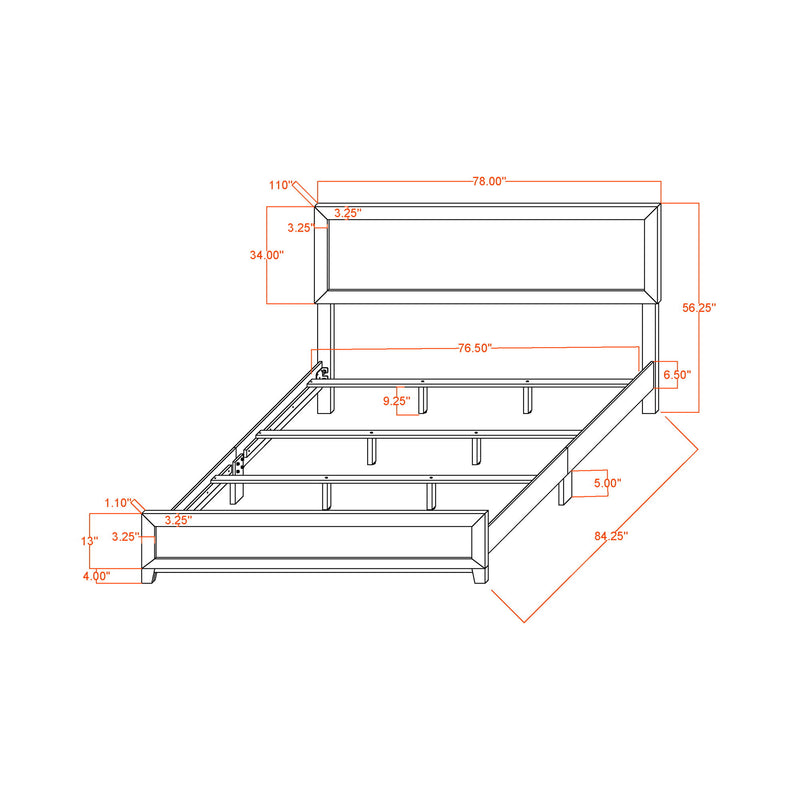 5-piece set bed dimension diagram with labeled measurements and open frame base