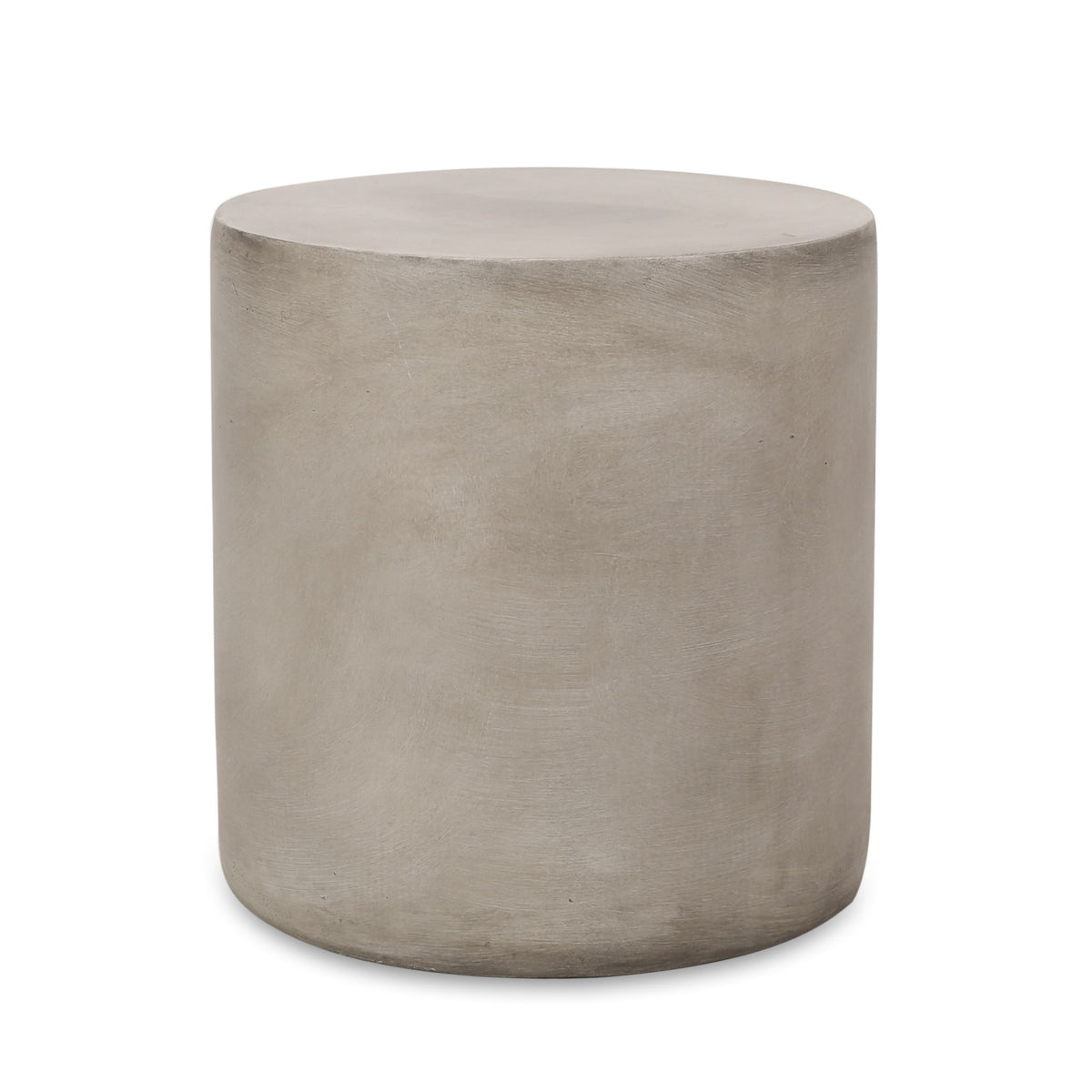 Light gray cylindrical outdoor concrete side table, round top and pedestal base.