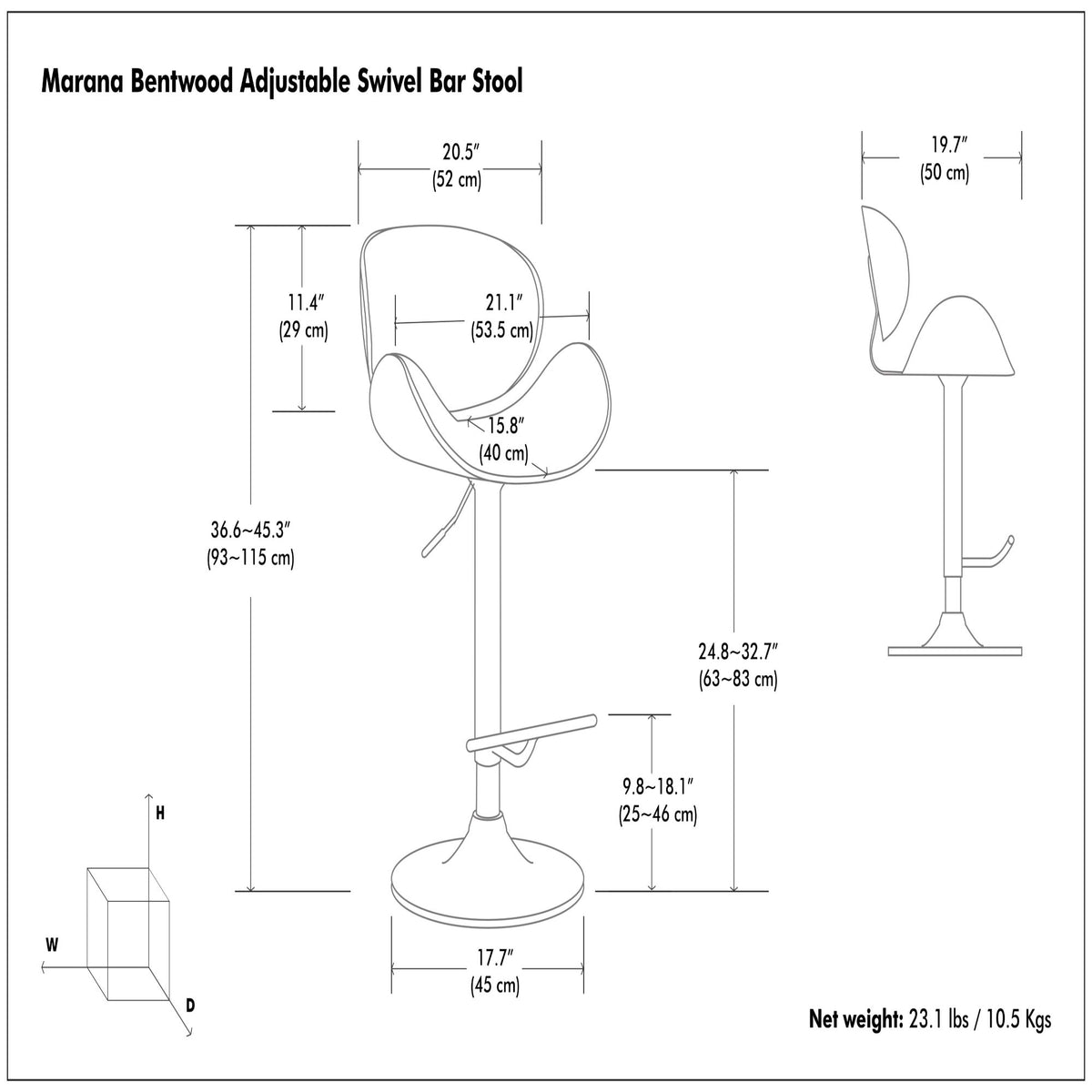 Adjustable swivel bar stool measurement diagram with net weight and size labels