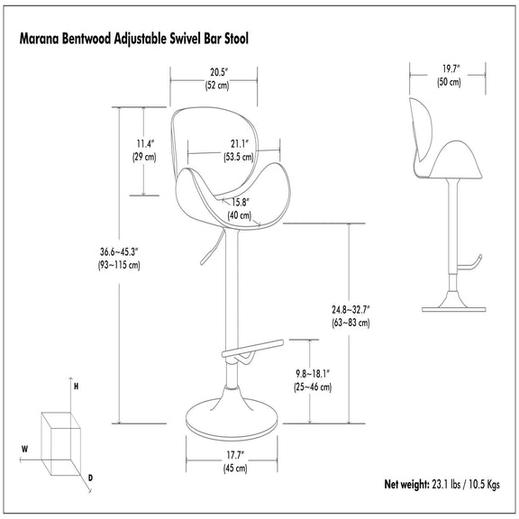 Adjustable swivel bar stool measurement diagram with net weight and size labels