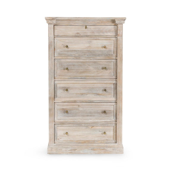 6-drawer chest front view with metal knob pulls and natural cream wash wood panels