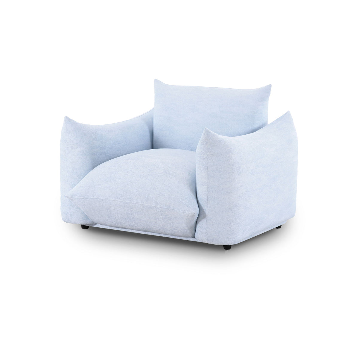 Light blue outdoor armchair with padded seat and back pillows, curved arms, black feet