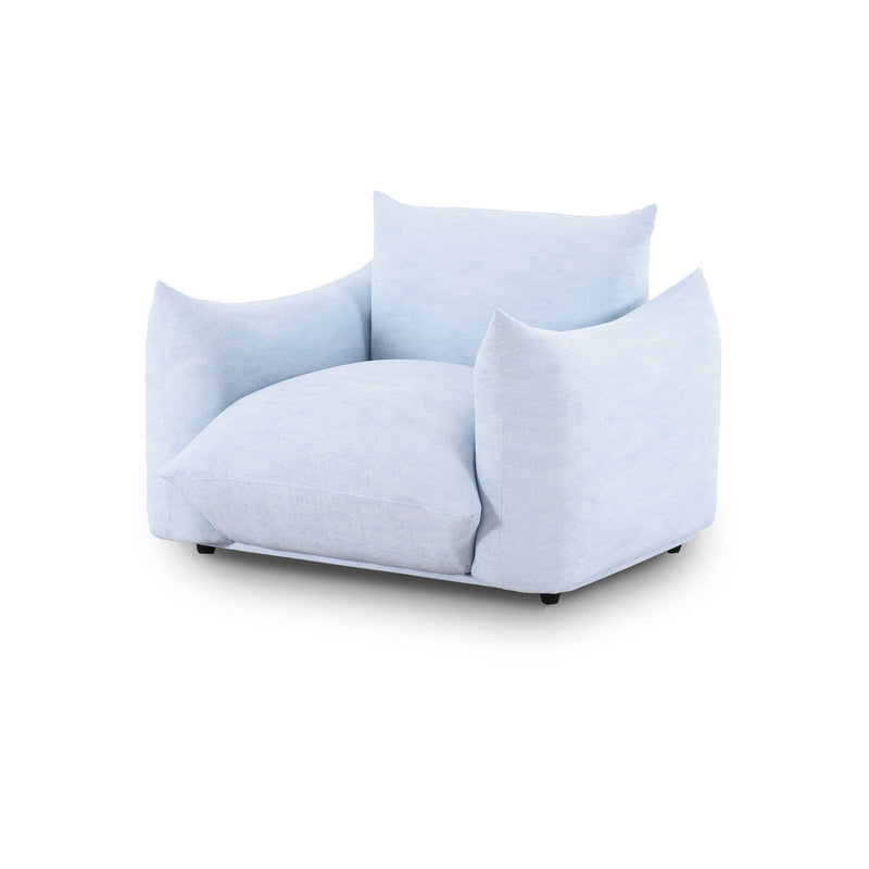 Light blue outdoor armchair with padded seat and back pillows, curved arms, black feet