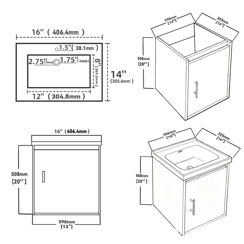 16 in wall-mounted vanity cabinet dimension diagram with sink opening and door