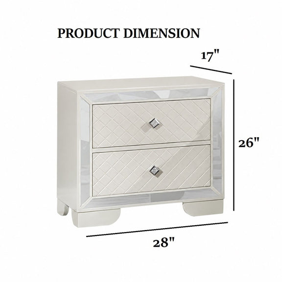 Beige quilted nightstand with two drawers and diamond pattern, silver knobs