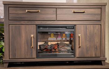 Dark brown TV stand with electric fireplace insert, two drawers, and two side doors