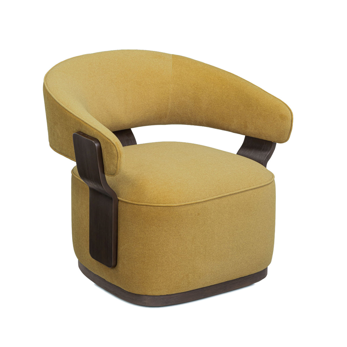 Mustard yellow swivel accent chair with rounded arms and dark wood side panels