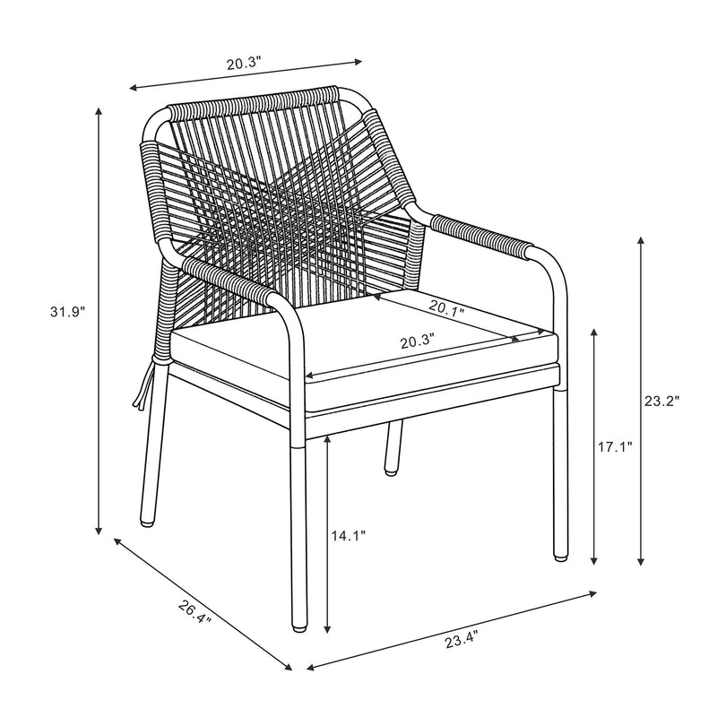Dimension diagram of an outdoor armchair with woven back and seat