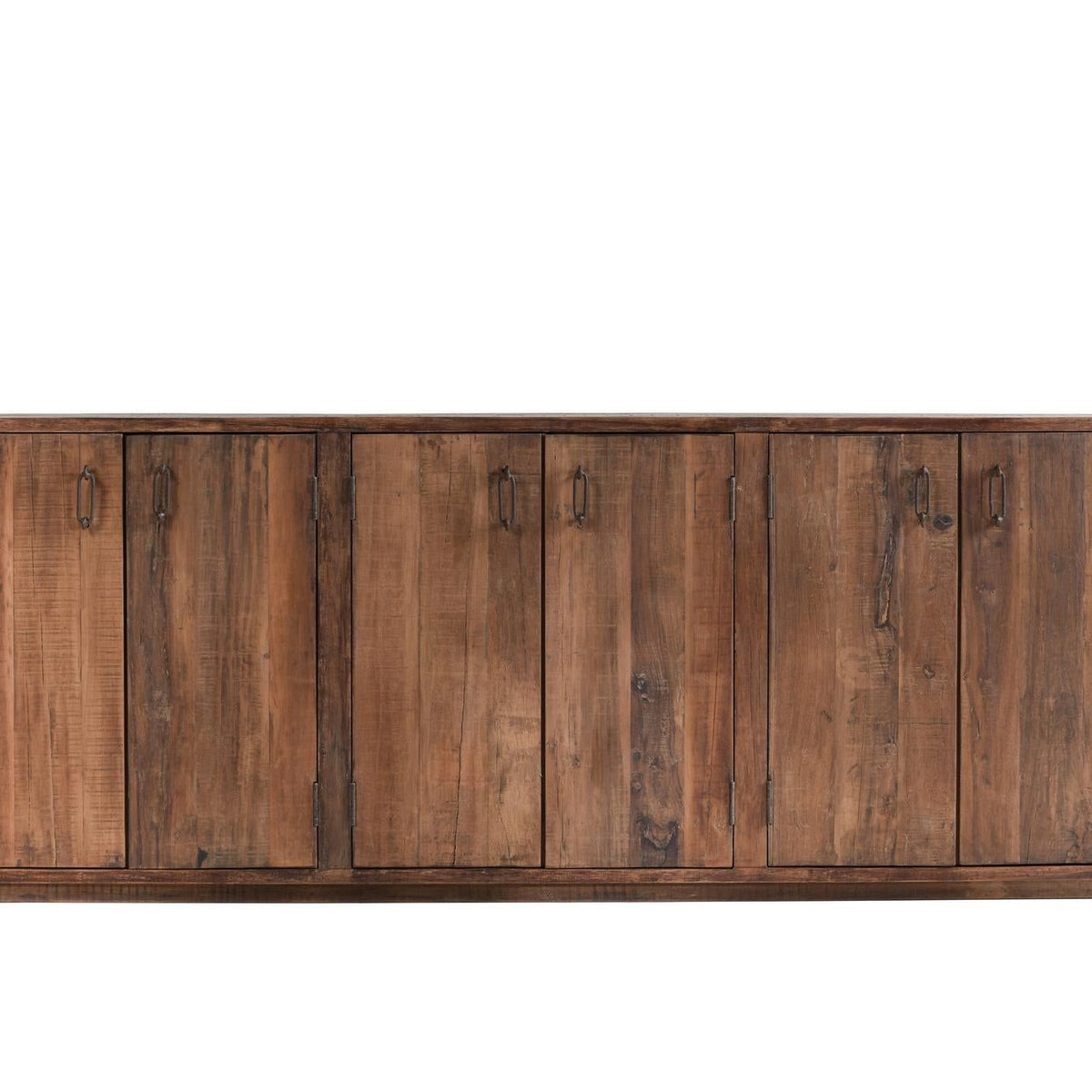 6-door wood buffet cabinet with six doors and arched metal pulls in natural wood