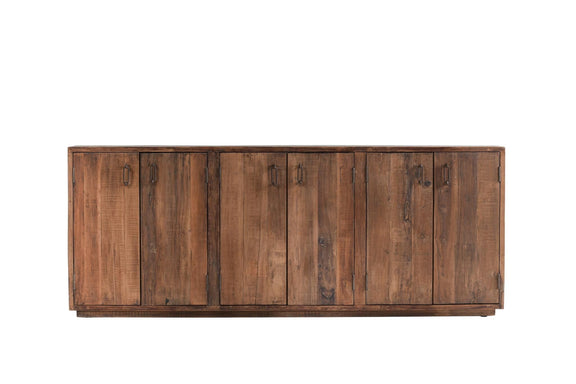 6-door wood buffet cabinet with six doors and arched metal pulls in natural wood