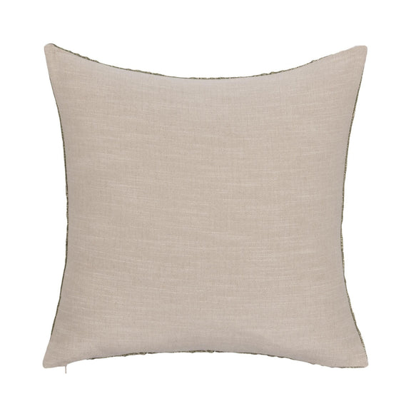 Light tan square throw pillow with smooth woven fabric and subtle stitching