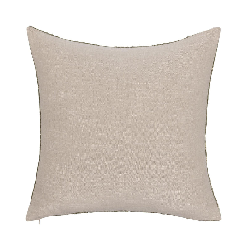 Light tan square throw pillow with smooth woven fabric and subtle stitching