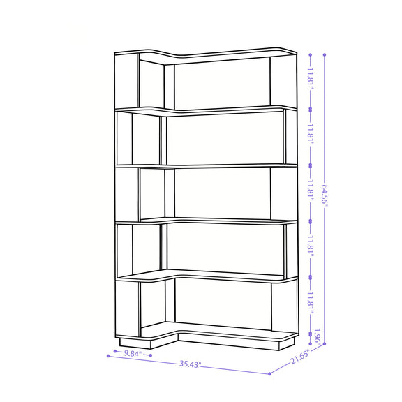 L-shaped corner bookshelf size diagram showing five open shelves and overall dimensions