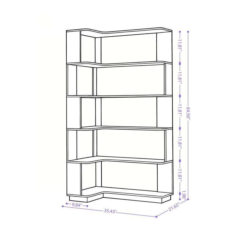L-shaped corner bookshelf size diagram showing five open shelves and overall dimensions