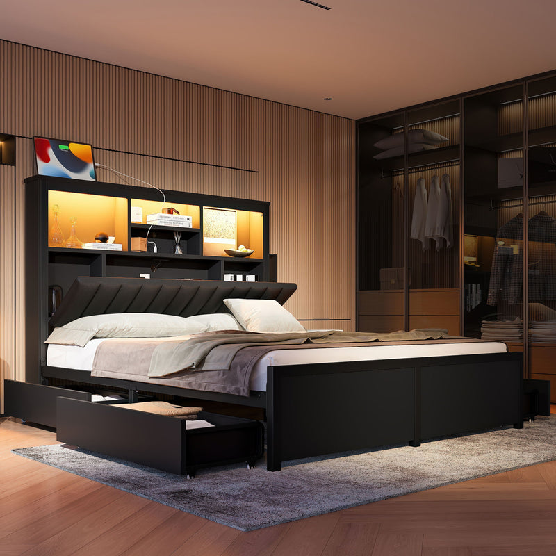 Black bed frame with high storage headboard and LED lighting, plus drawer storage