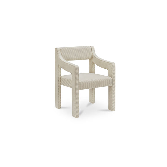 Beige striped dining chair with padded seat, backrest, and curved arms, shown at an angle.