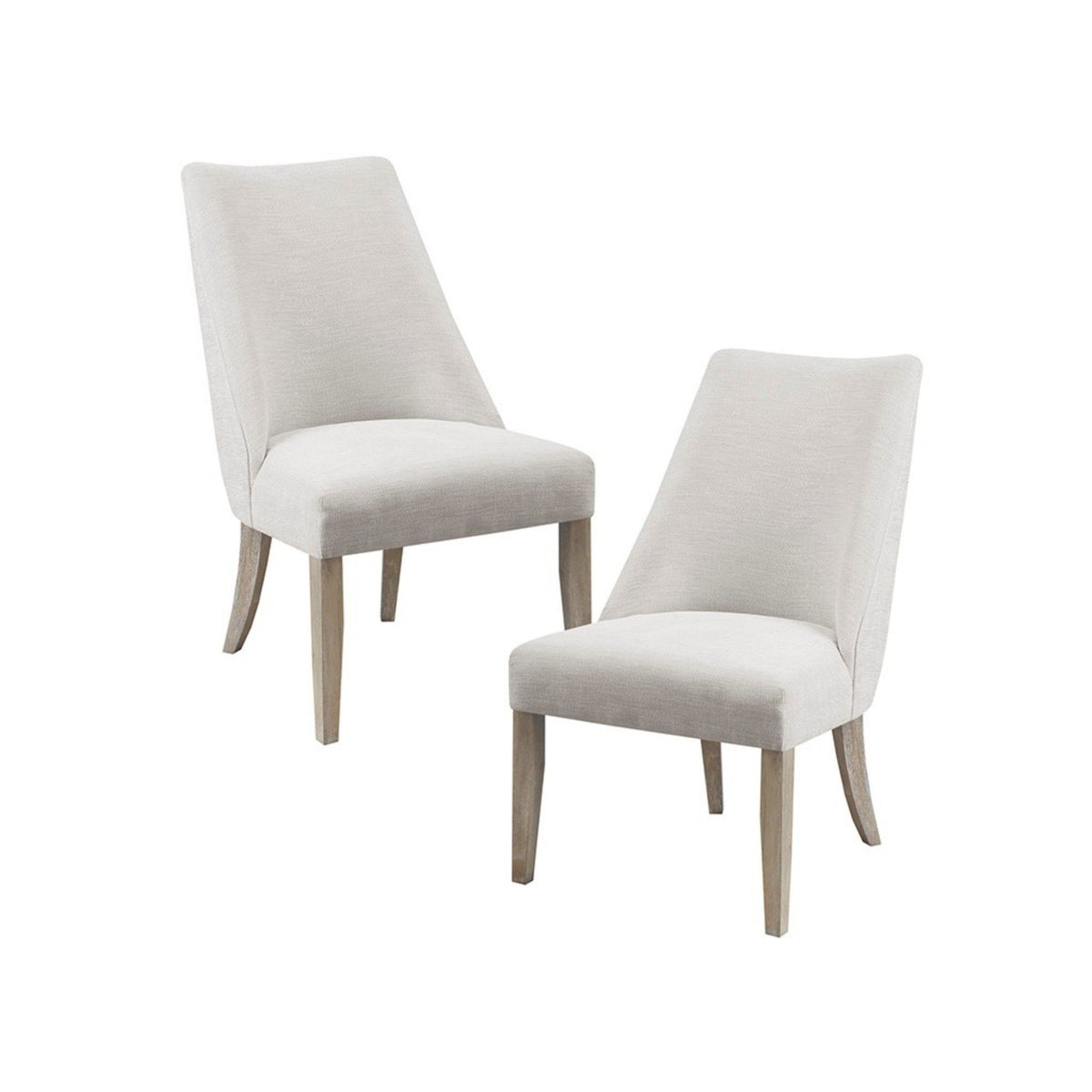 Beige upholstered dining chairs, set of two, with tall backs and wooden legs.