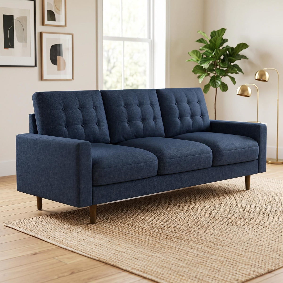 Three-seat navy sofa with tufted back cushions, wide arms, and tapered wood legs