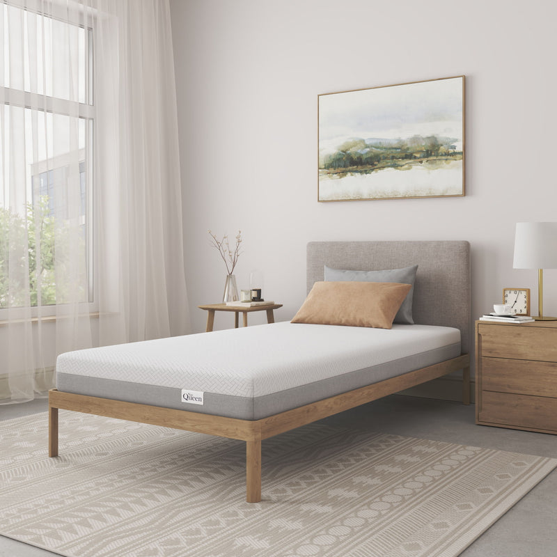Memory foam mattress with breathable white top and gray side panels