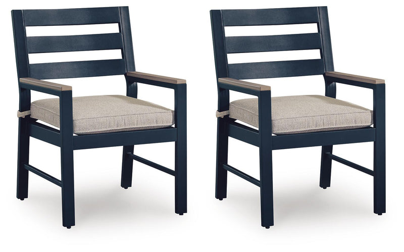 Set of 2 blue arm chairs with light gray cushions and slatted backs