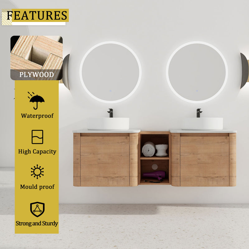 Wall-mounted bathroom vanity with two white sinks, open center shelf, round lighted mirrors