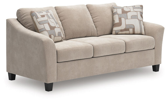 Taupe fabric sofa with square arms and two front seat cushions