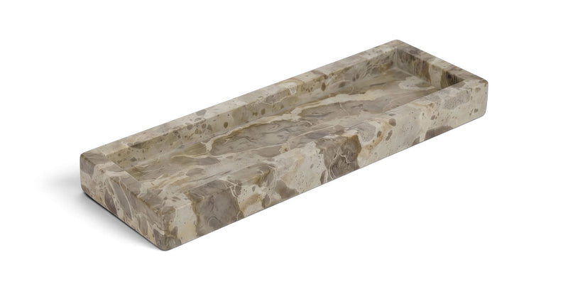 Gray marble tray with a long rectangular shape and smooth flat top
