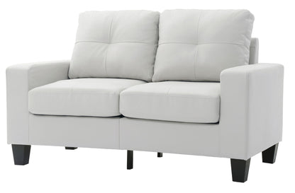 Track arm loveseat in white faux leather with tufted back and two plush seat cushions.