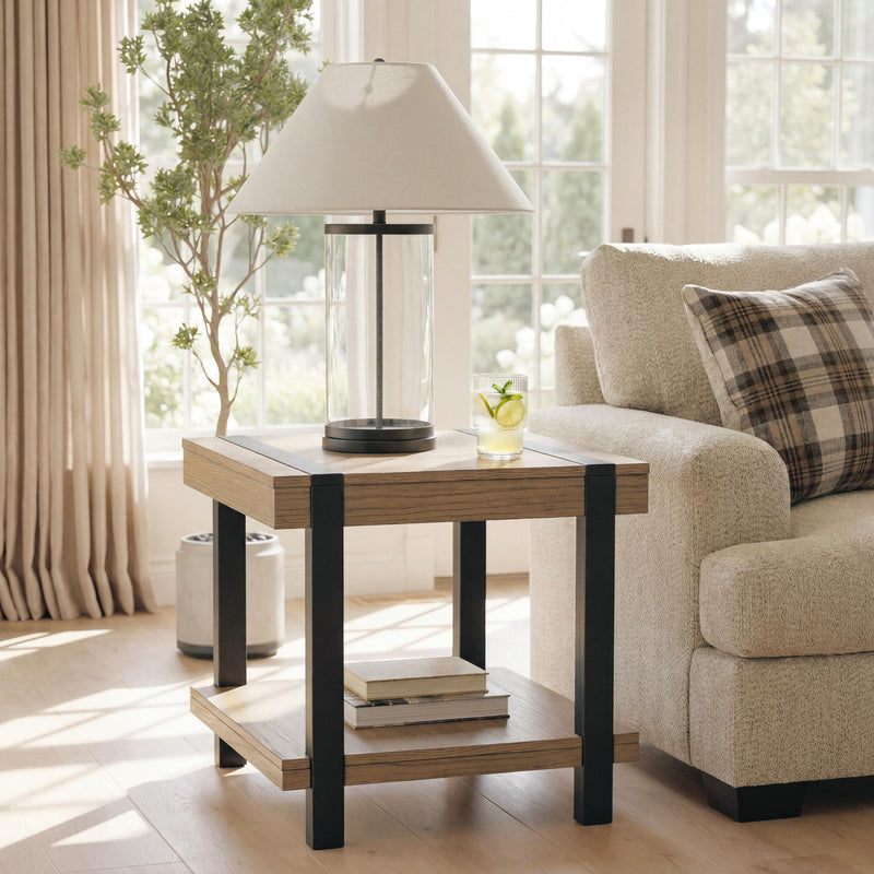 Light brown coffee table with black legs, lower shelf, and lift-top seam.