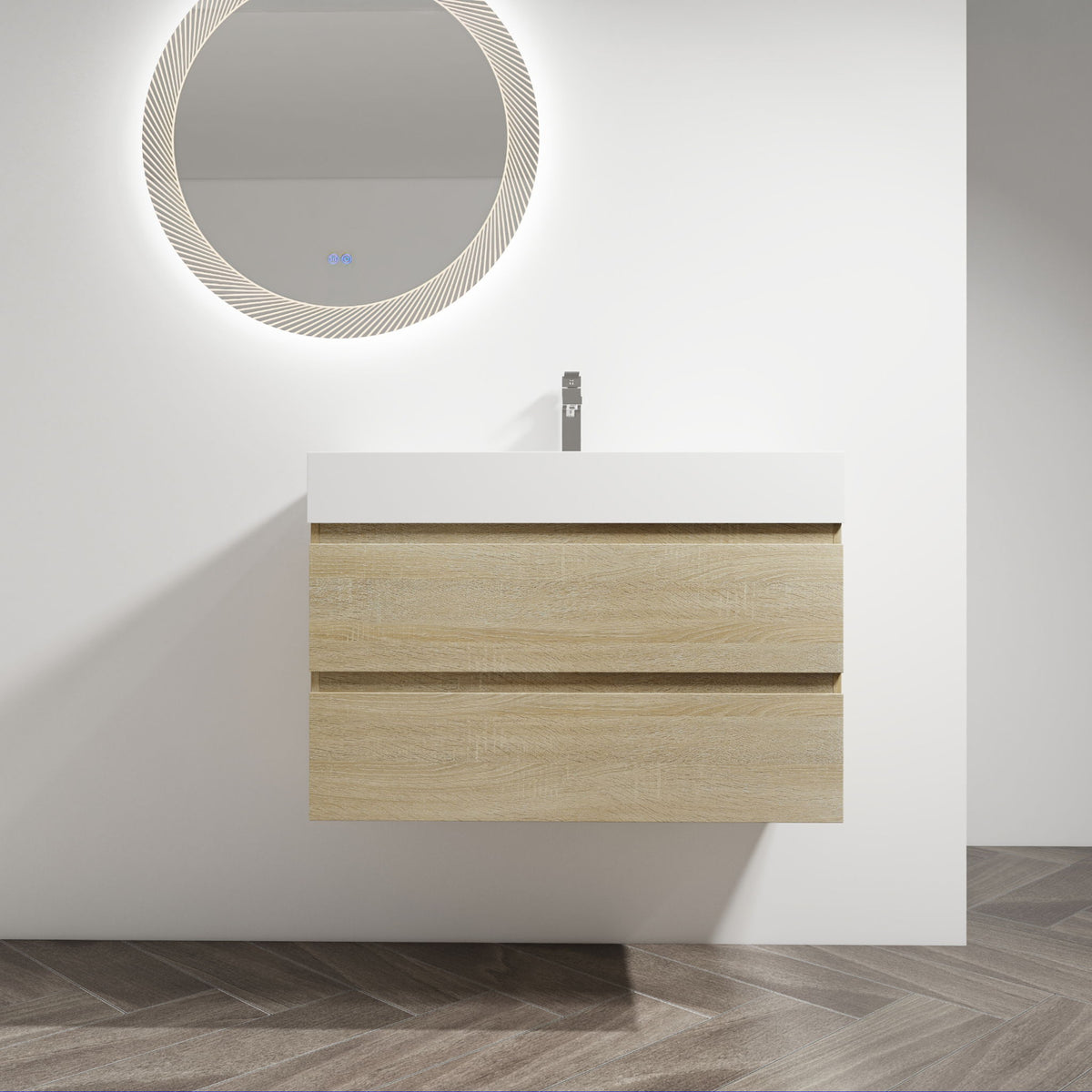 Wall-mounted bathroom vanity with sink, light brown 2 soft-close drawers and centered faucet