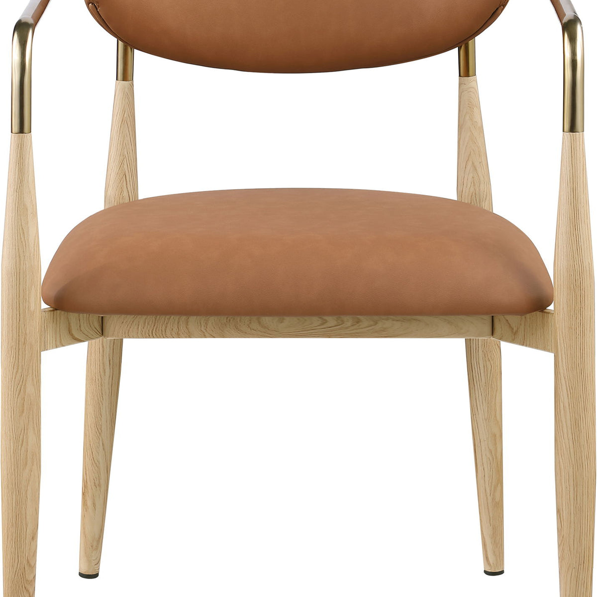 Vegan leather dining arm chair with medium brown upholstery, gold-tone arms, natural wood legs