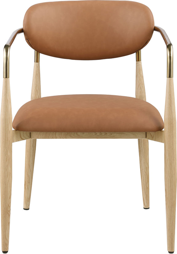 Vegan leather dining arm chair with medium brown upholstery, gold-tone arms, natural wood legs