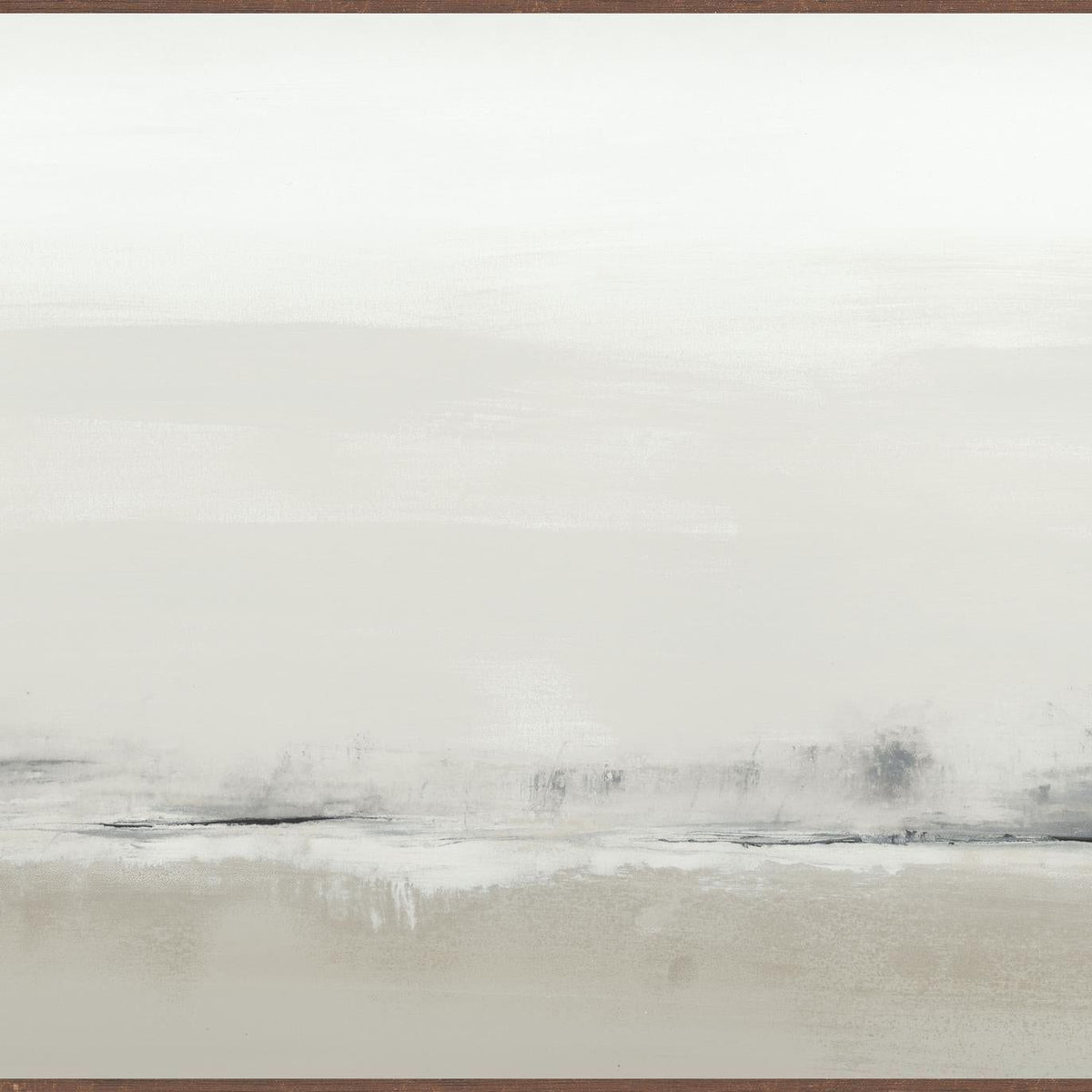 Beige abstract framed wall art painting with light gray horizon, 72 x 36 in