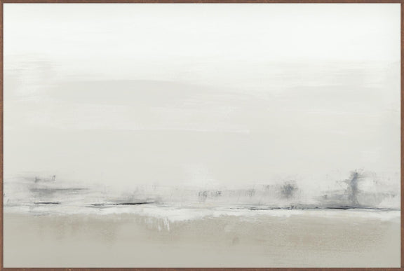 Beige abstract framed wall art painting with light gray horizon, 72 x 36 in