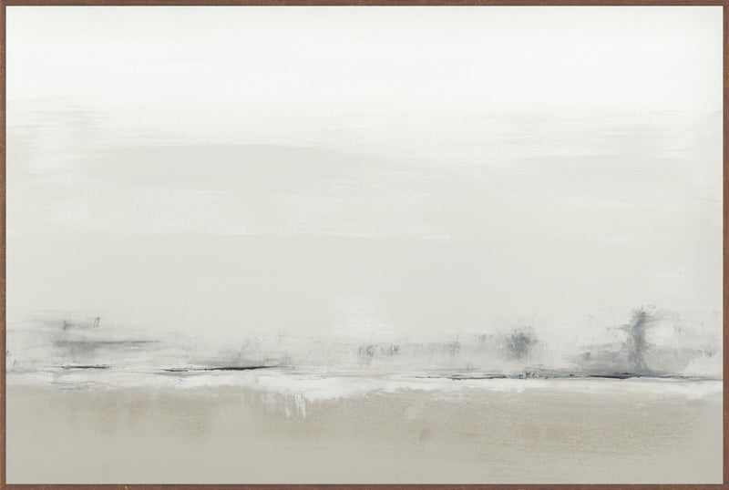Beige abstract framed wall art painting with light gray horizon, 72 x 36 in