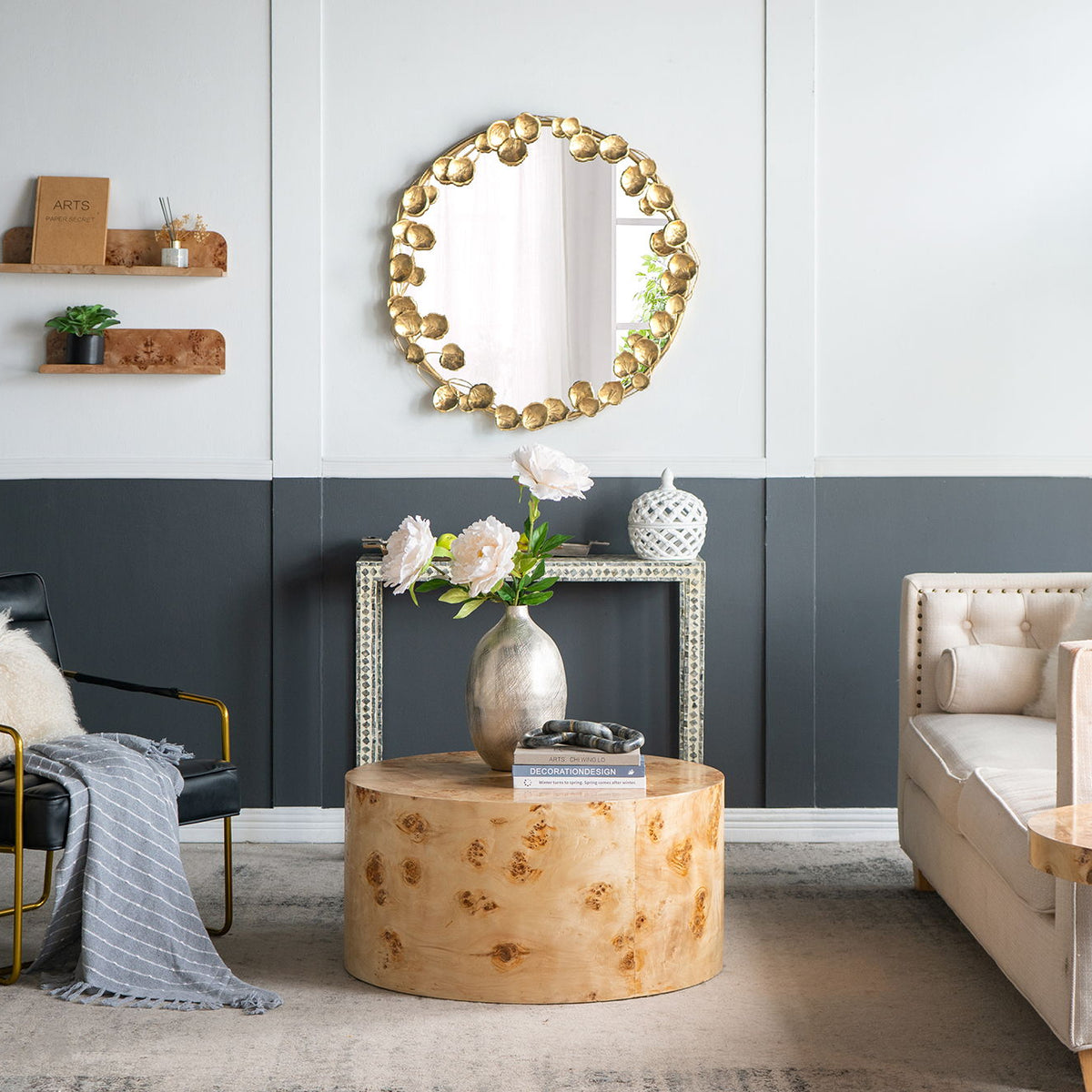 Round Metal Wall Mirror With en Leaf Accents, Modern Decor Mirror For Living Room Entryway Hallway - Gold