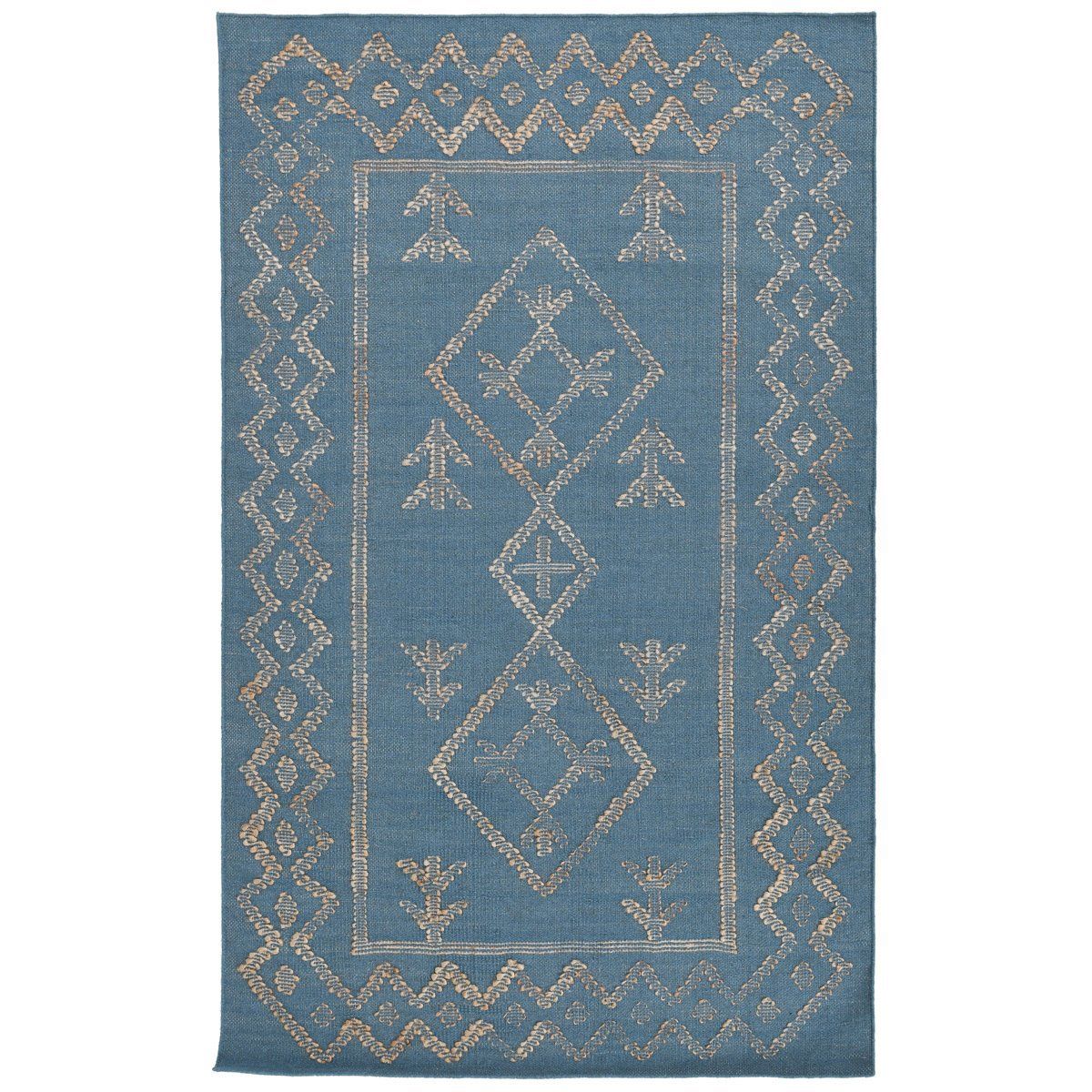 Blue rug with gold diamond medallion, small corner motifs, and patterned border