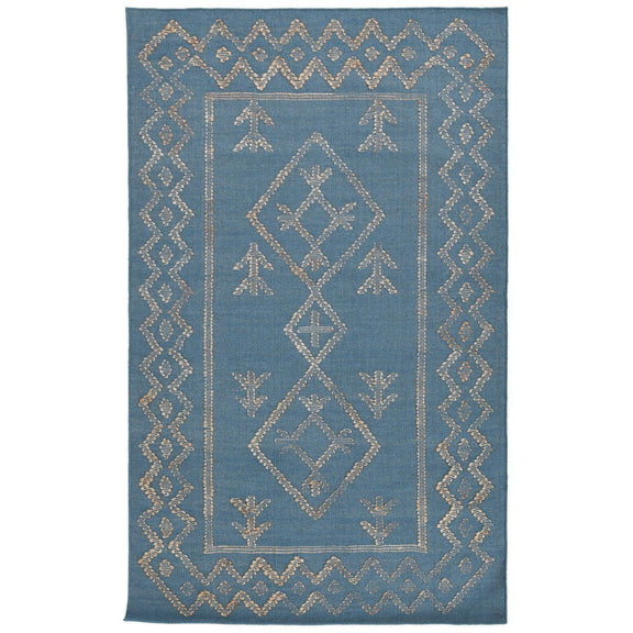 Blue rug with gold diamond medallion, small corner motifs, and patterned border
