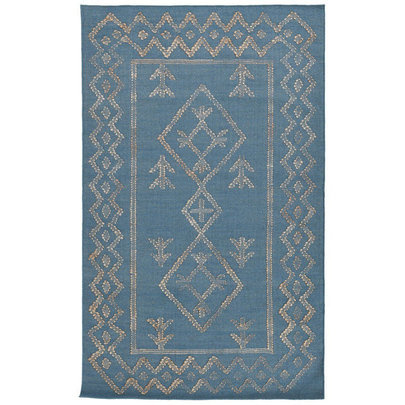 Blue rug with gold diamond medallion, small corner motifs, and patterned border
