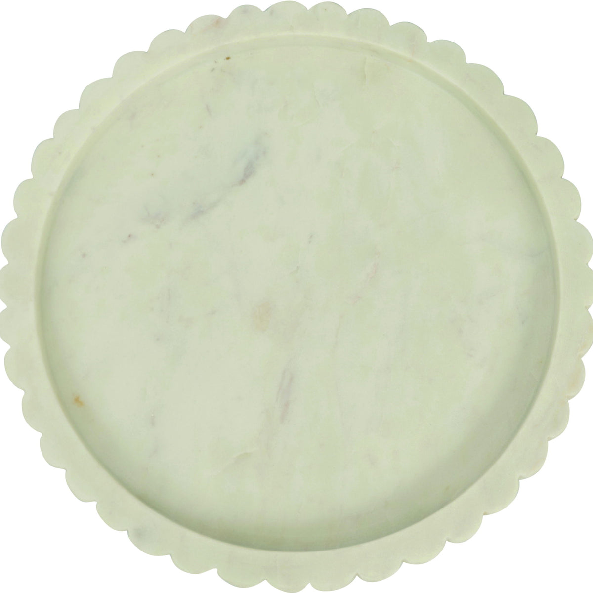 Round white marble tray with scalloped rim and faint veining